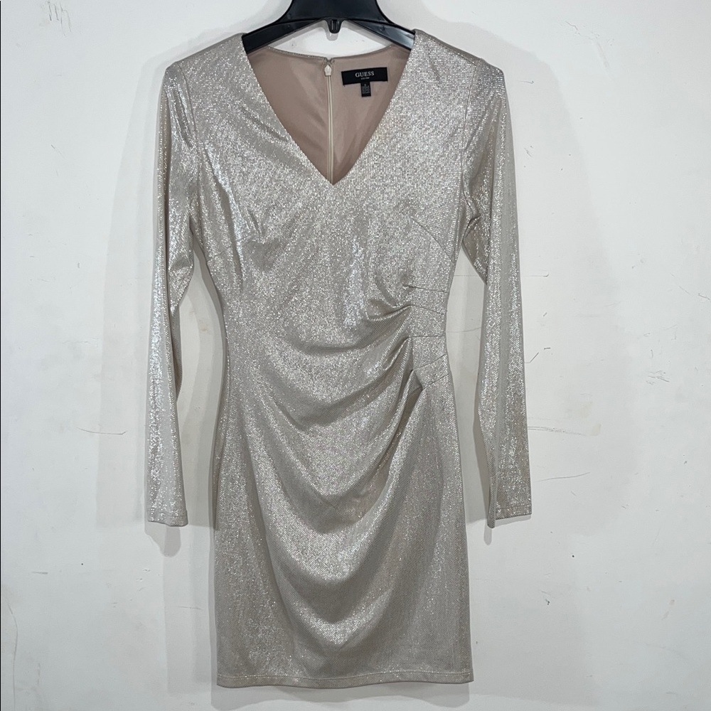 GUESS Metallic Champagne Silver Shimmer Ruched Mini Dress Long Sleeve